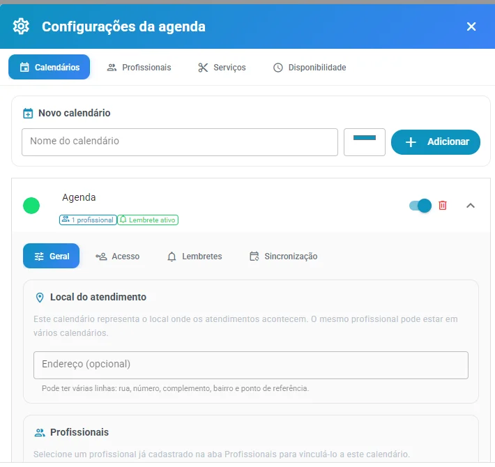 Configuração de um calendário, com o campo de endereço do local