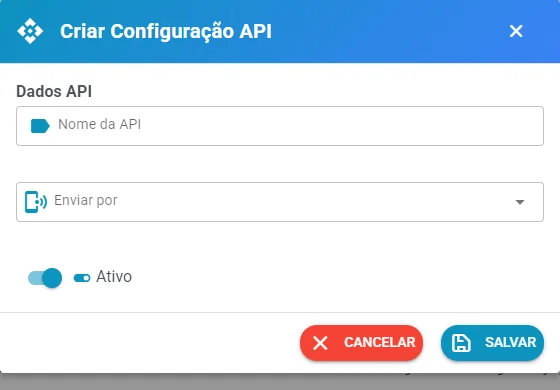 Janela Criar Configuração API, com nome, canal e ativo