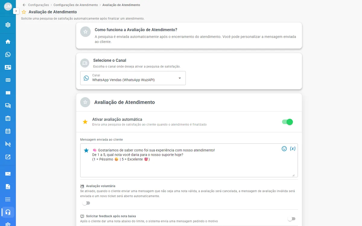 Tela Avaliação de Atendimento, com a escolha do canal e as opções da pesquisa