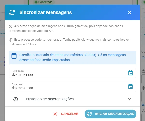 Janela Sincronizar Mensagens, com o intervalo de datas