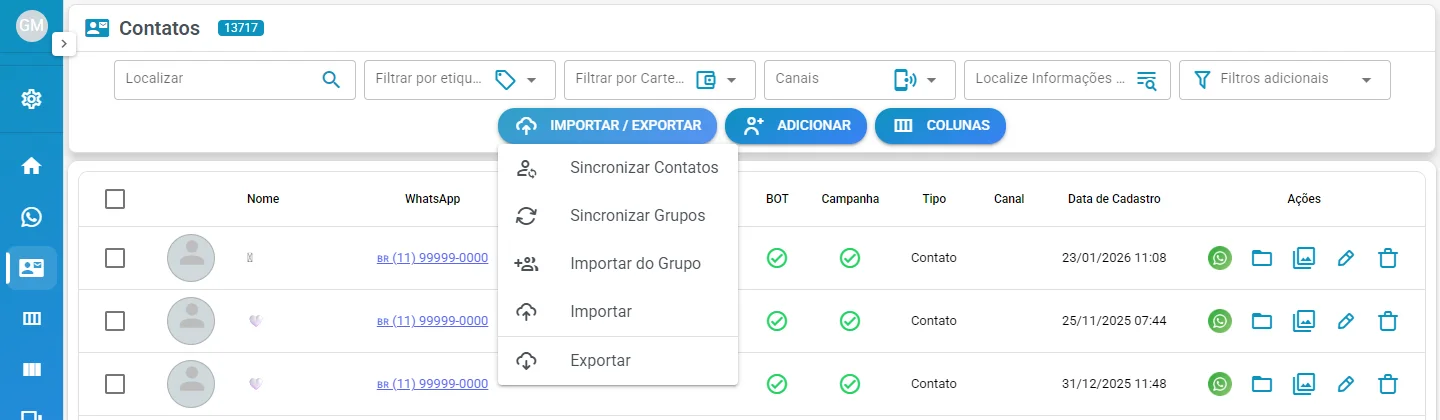 Menu Importar / Exportar, na tela de Contatos
