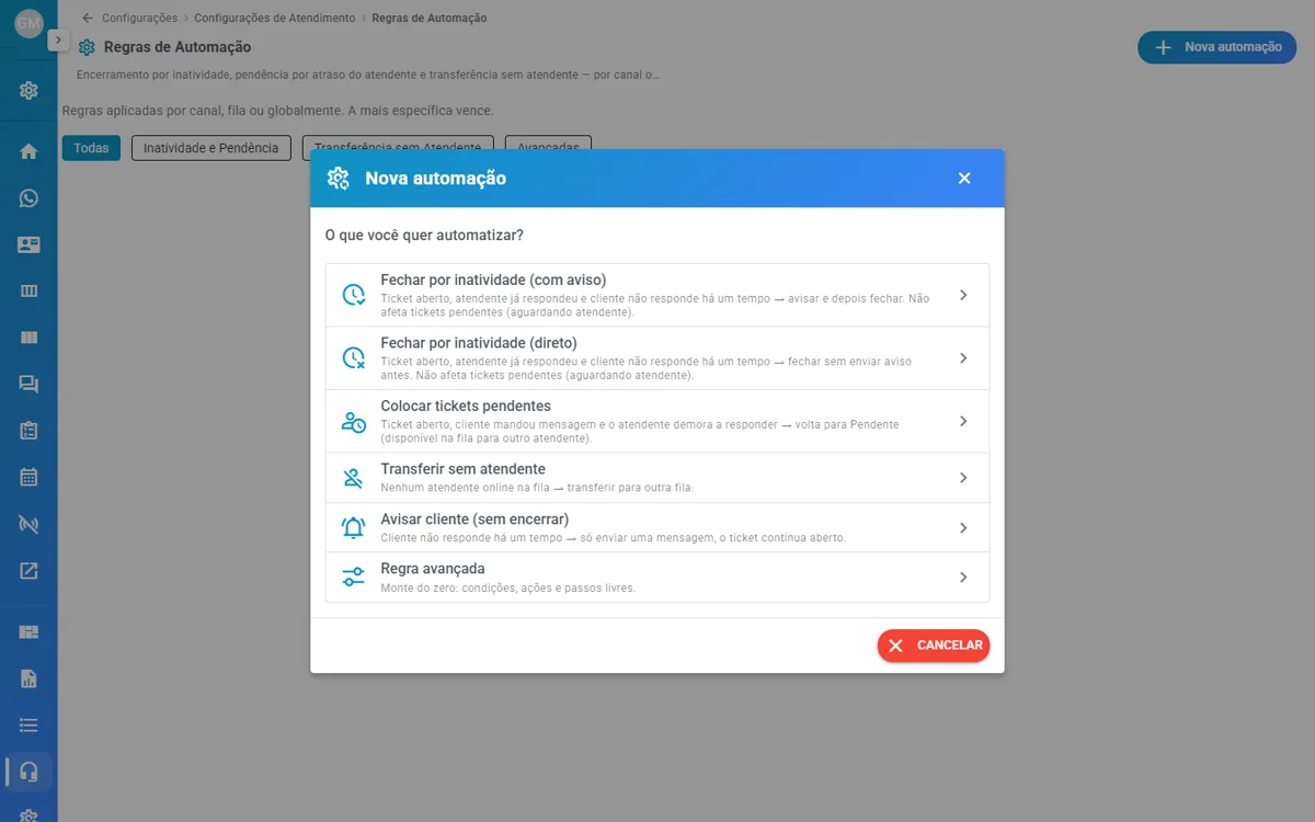 Janela Nova automação, com os modelos de regra
