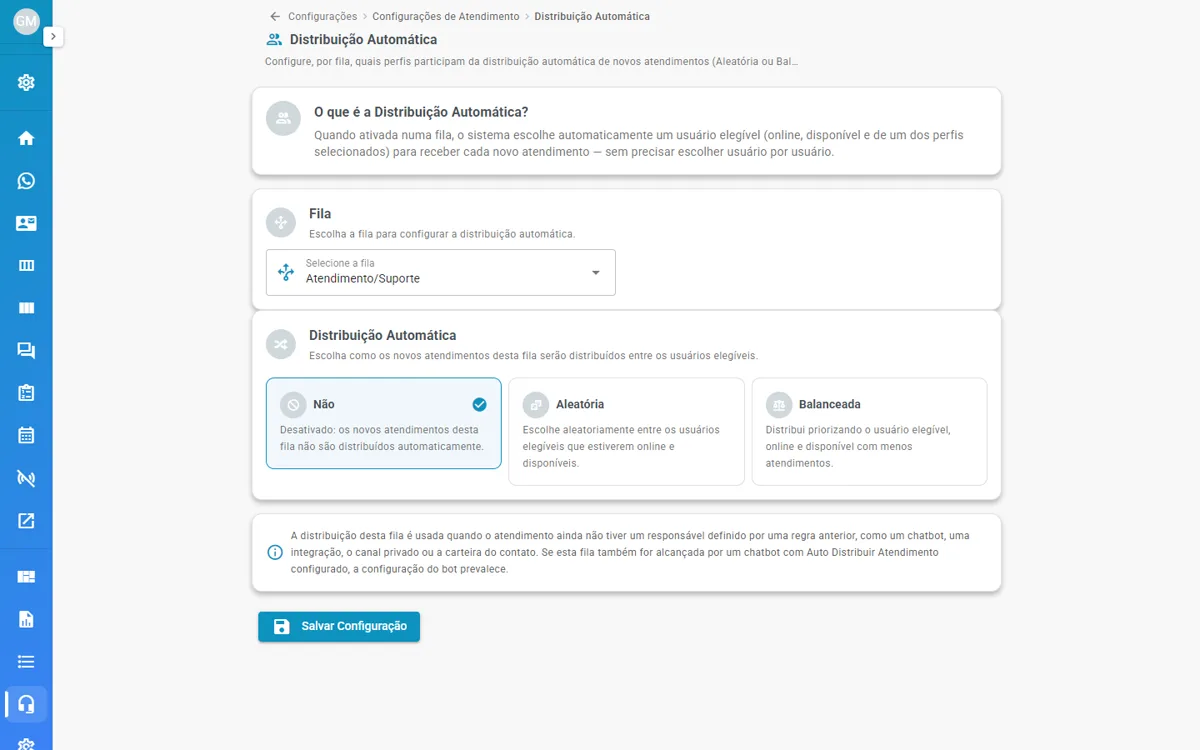 Tela Distribuição Automática, com a escolha da fila e do modo de distribuição