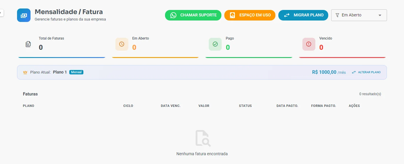 Tela Mensalidade / Fatura, com o plano atual e a lista de faturas