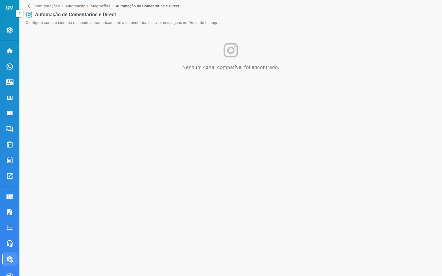 Tela Automação de Comentários e Direct sem canal do Instagram conectado