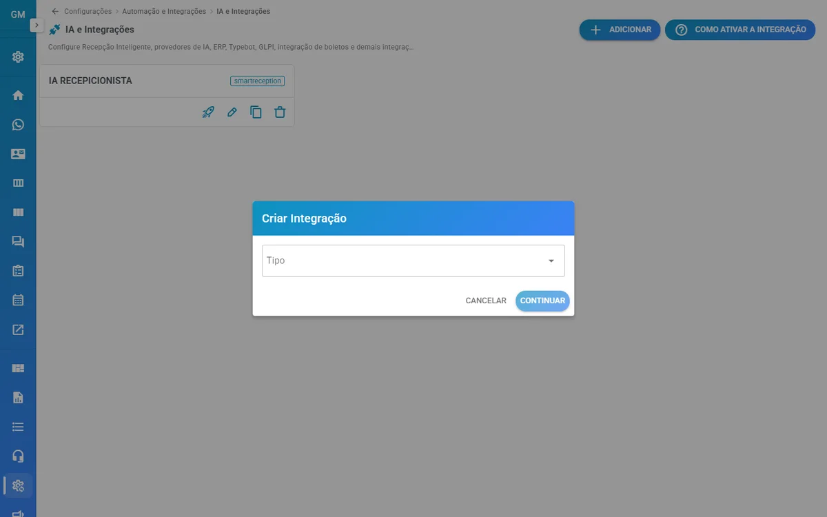 Tela IA e Integrações, com o botão Adicionar