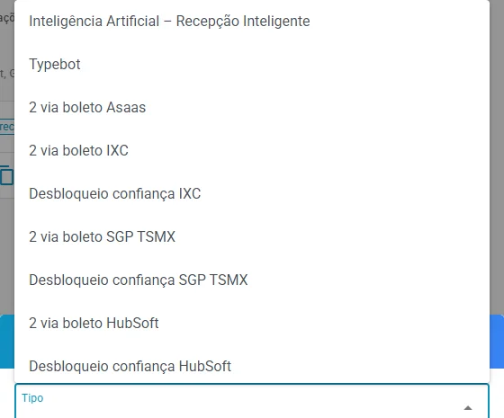 Lista de tipos de integração, no campo Tipo