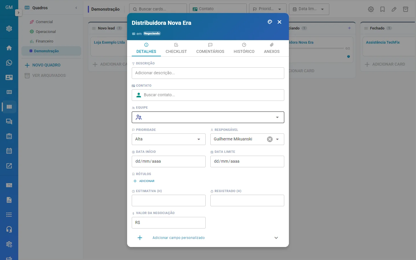 Aba Detalhes de um cartão do Kanban Pro