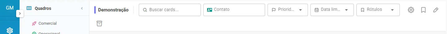 Barra de filtros do Kanban Pro: busca, contato, prioridade, data limite e rótulos