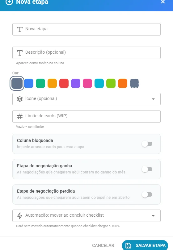Janela Nova etapa, com limite de cards e coluna bloqueada