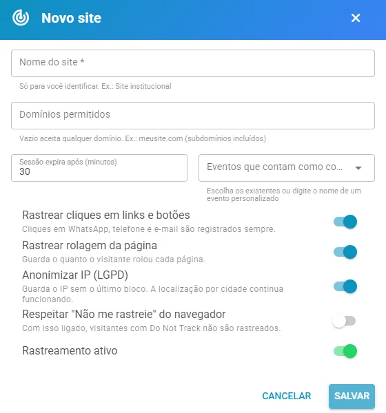 Janela Novo site, com os campos e as opções de privacidade