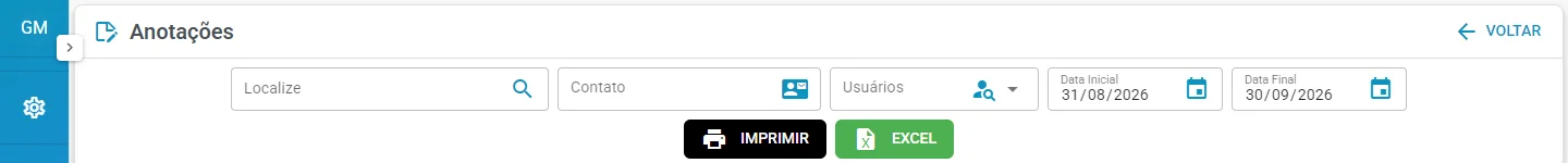 Filtros do Relatório das Anotações