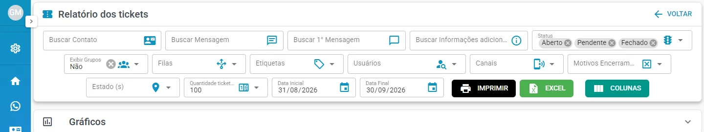 Filtros do Relatório dos tickets