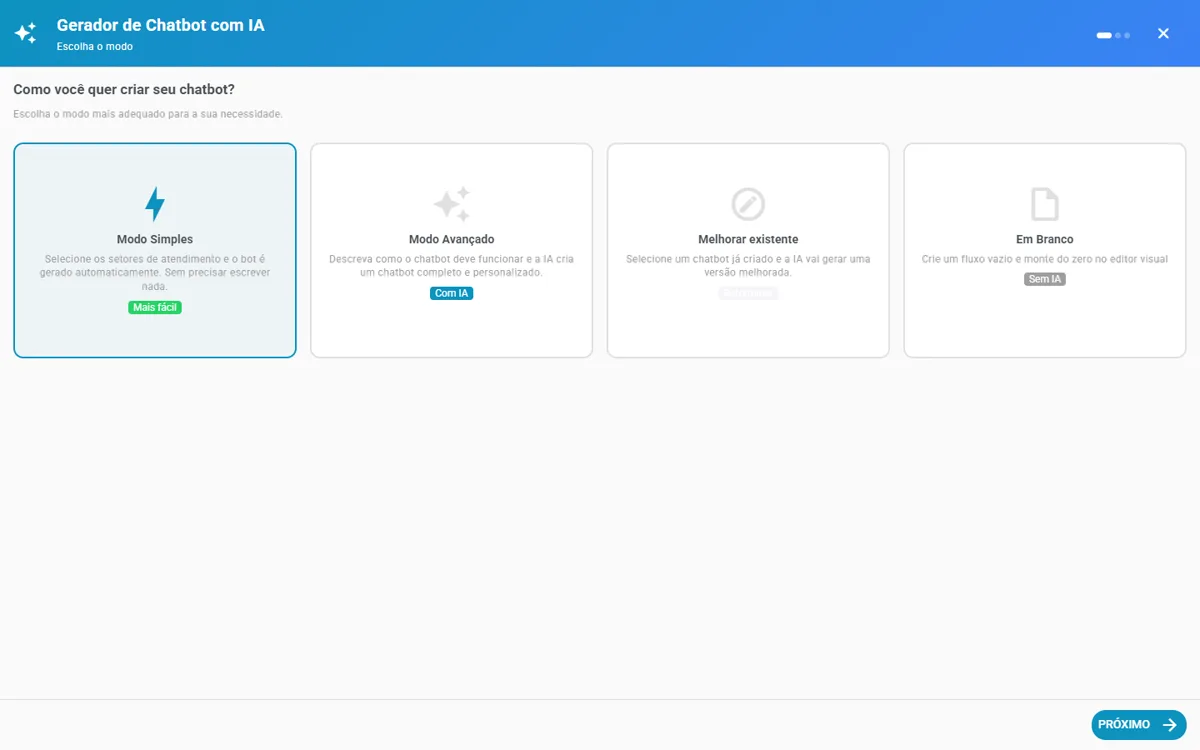 Janela Gerador de chatbot, com os quatro modos
