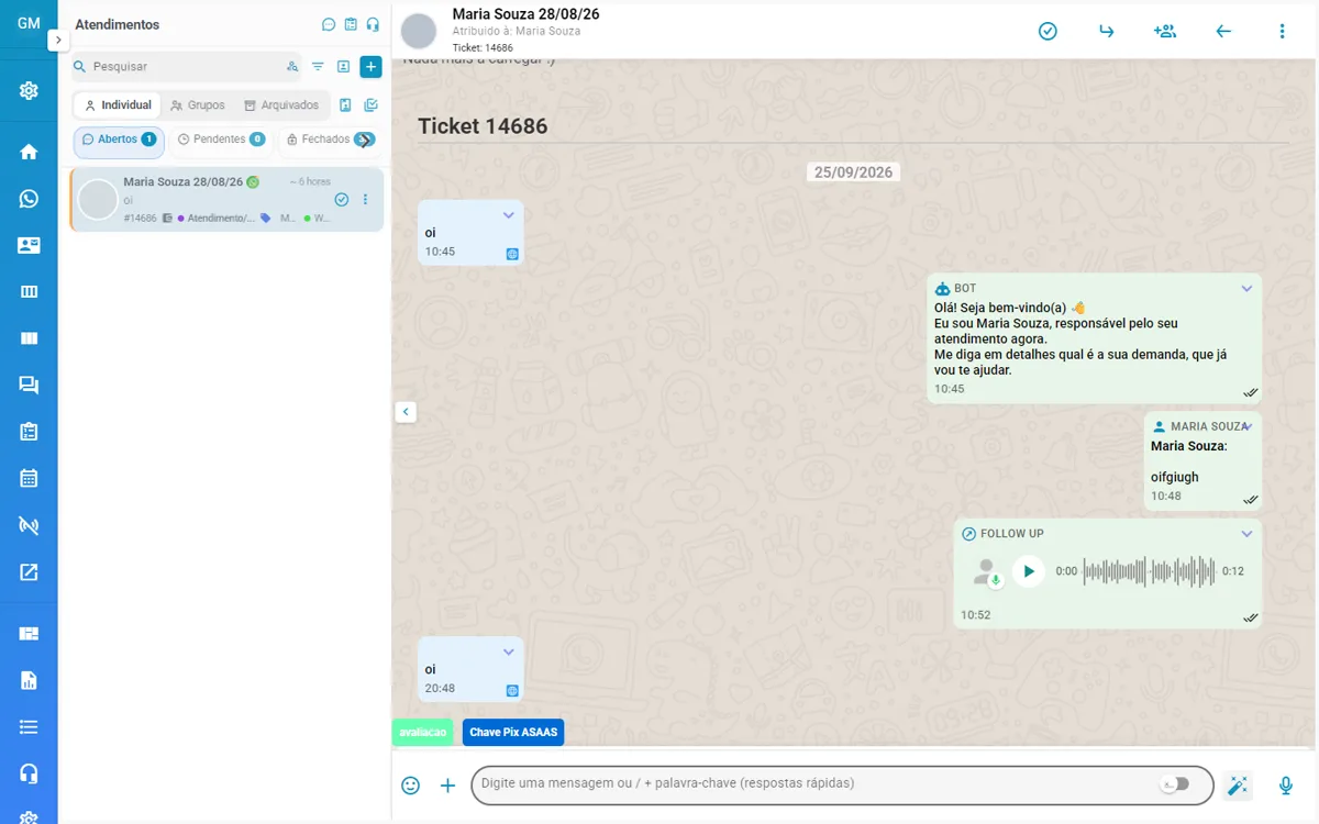 Tela de atendimento, com a lista de conversas e uma conversa aberta