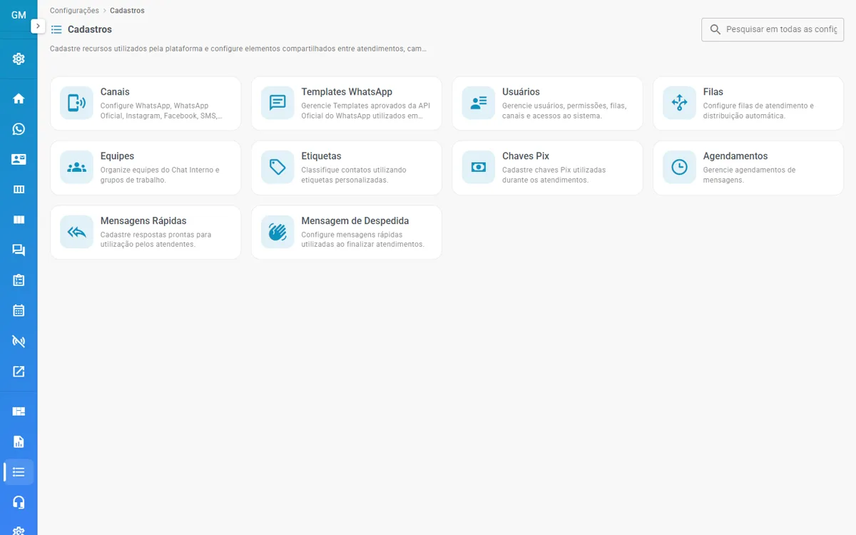 Tela Configurações, em Cadastros: canais, templates, usuários, filas, equipes, etiquetas e mais