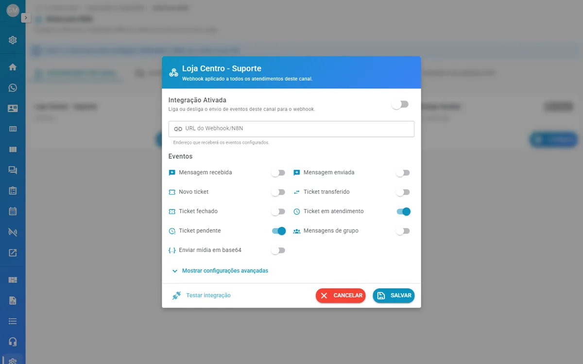 Janela de configuração do webhook de um canal