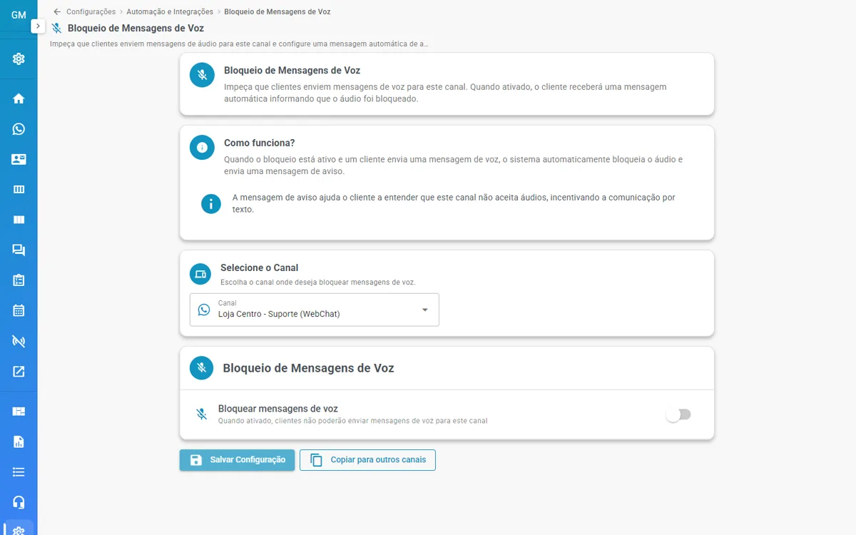 Tela Bloqueio de Mensagens de Voz