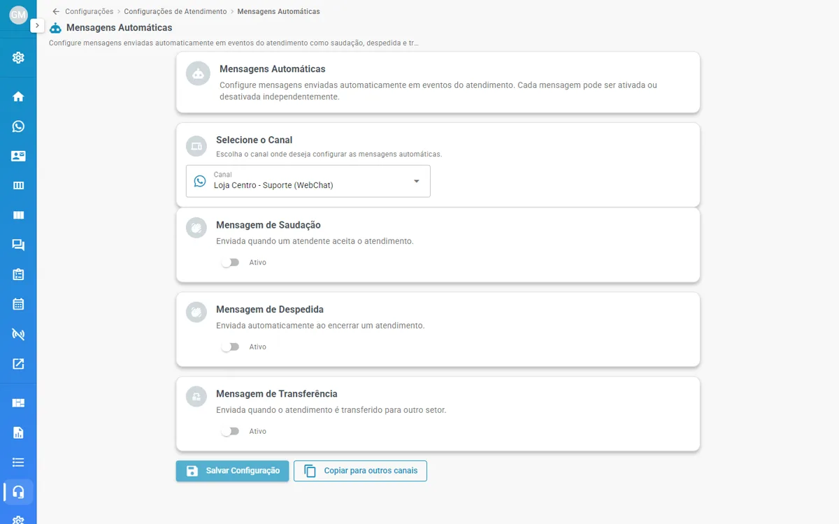 Tela Mensagens Automáticas, com saudação, despedida e transferência