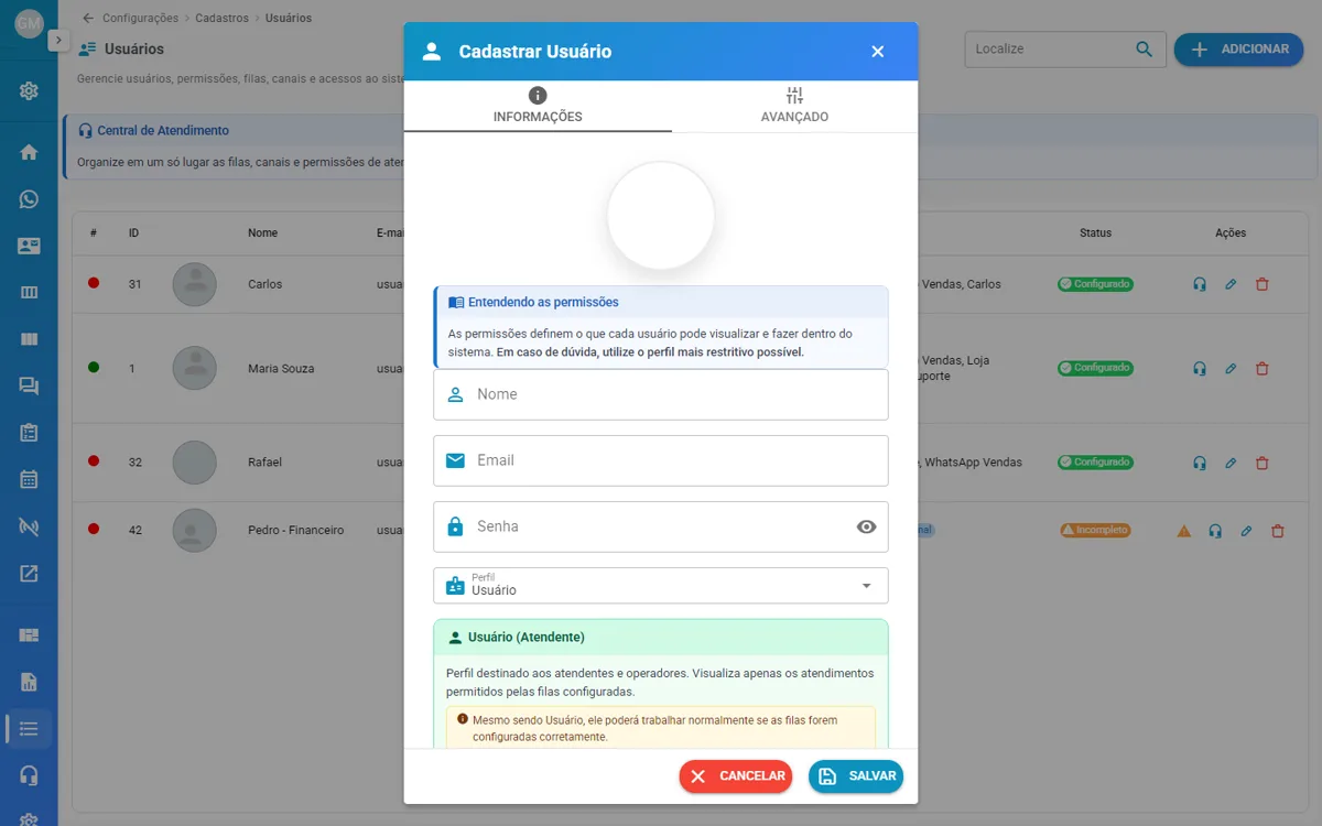 Janela Cadastrar Usuário, com nome, e-mail, senha e perfil
