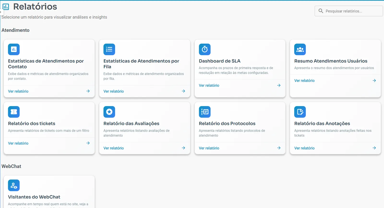 Central de relatórios do Zontalk com estatísticas de atendimento, SLA e avaliações